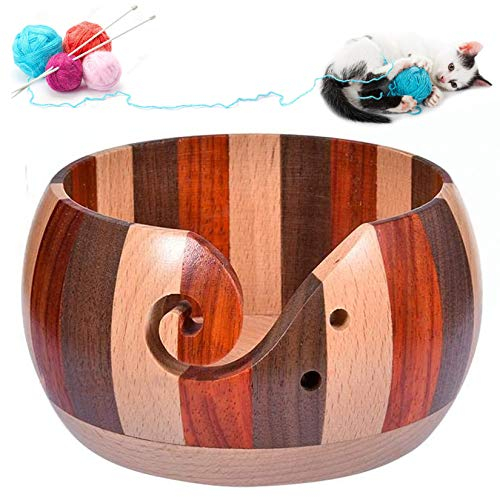 MKNZOME Handmade Yarn Bowl, 6'' Crafted Wooden Portable Yarn Storage Bowl with Carved Holes & Drills Holes Knitting Wool Holder for Crochet Accessories Thread Knitting Home Decor