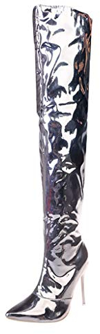 Stivali Donna Moda Solid Zip sopra Il Ginocchio Sexy Scarpe Casual Lunghe (35,Argento)