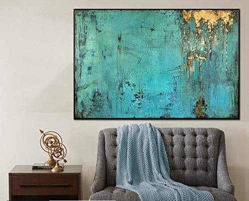 Handgemalte Acrylbilder,Kreative Türkisfarbene Textur Blattgold See Landschaft Abstrakte Moderne Große Handgemalte Messer Artwork Gemälde Auf Leinwand Wandkunst Für Home Office Dekorationen Wohn