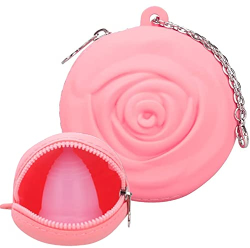 Adorable Pink Peri - Menstrual Period Cup Case Storage Bag | Rose Design + Silicon Material | Easy to Carry, Clean, and use | Metal Chain Attached | Multi-use for Small Items (Cup not Included) Pink