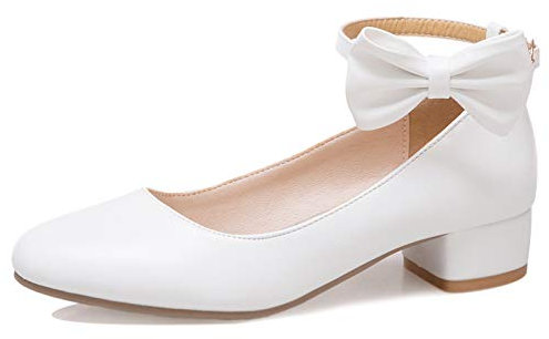 MJIASIAWA Talons Moyen Bride Mariage Bride Cheville Bows Fleurs Mary Jane Escarpins Fleurs Elegant Robe Bloc Femmes Chaussures Blanc Taille 37 EU/38 Asiatique