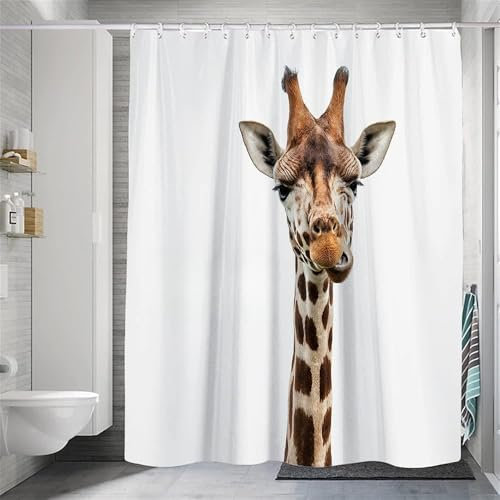 Hiseng Wasserdichter Duschvorhang,3D Tier Polyester Waschbar Badezimmer Vorhangmit 8 Duschvorhängeringen, Dauerhaft Vorhang Badezimmer (Giraffe,180 x 200cm)