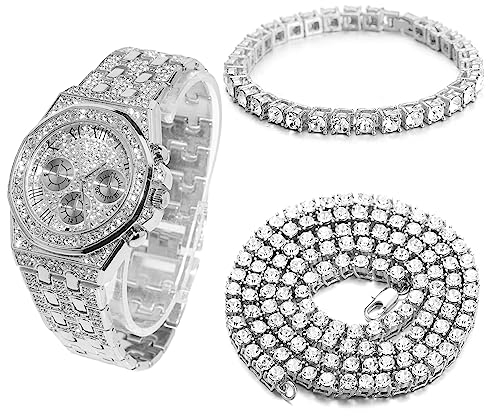 Halukakah Diamant Golduhr Iced Out, Männer Platin Weißgold Plattiert 20mm Breite Quarz Armband 22cm, mit Tennis-Ketten Armband 20cm + Halskette 45cm, Kommt mit Geschenkbox