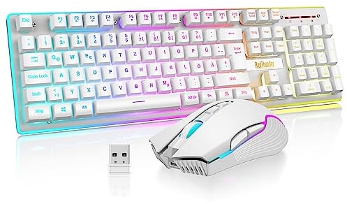 RedThunder K10 Kabelloses Gaming Tastatur und Maus Set, QWERTZ DE-Layout LED Hintergrundbeleuchtung, 3000mA Batteriekapazität und 3200 DPI für Gamer(Weiß)