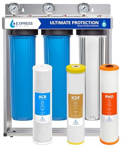 Express Water 3-Stage Whole House Water Filter System, Reduces Heavy Metals, Scale, Chloramine, Chlorine, PFAs, Lead & Arsenic, Free-standing Stainless Steel Frame & 3 Pressure Gauges