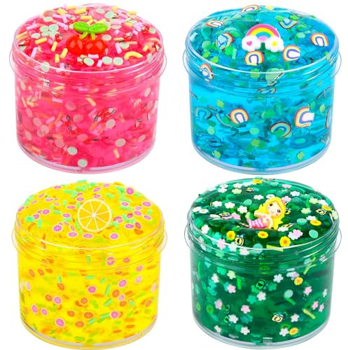 4 Piece Kit Jelly Crunchy Slime, Red Cherry,Blue Rainbow Yellow Lemon and Green Mermaid Jelly Crunchy Slime, Super Soft and Non-Stick, Birthday Gift Slime Party Gift