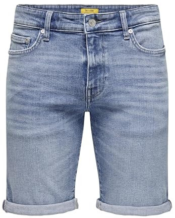 Only & Sons Hommes Short en Jean, Cinq Poches, Bouton, Ourlet Replié, Couleurs:Bleu-3, Taille:M