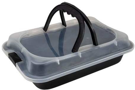 Intirilife Backblech mit Abdeckhaube zum Transportieren in Schwarz - 42 x 29 x 5 cm - Rechteckiger Transportbehälter Antihaft Kuchenbehälter Kuchenbox mit Tragegriff Kuchenblech