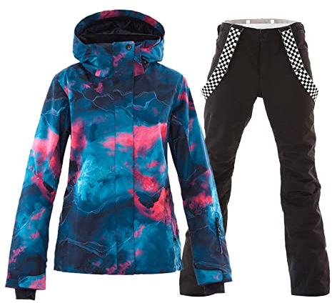 HOTIAN Damen Schneeanzug, Wasserdicht Winddicht Winter Warme Schnee Skifahren Sätze,für Wandern Klettern Isoliertes Snowboarden BU+BK XL