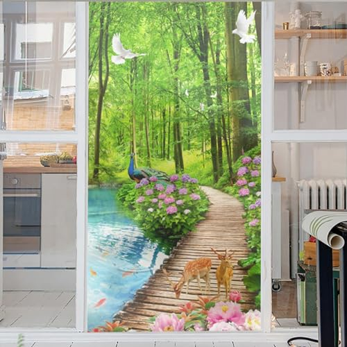Wald, Bach, Vogel, Hirsch, Landschaft 3D Fensterfolie Window Film Milchglasfolie Fenster Sichtschutzfolie Blickdicht Dekorfolie Glasaufkleber Statisch Selbsthaftend Ohne Kleber Uv Schutz 50x200cm