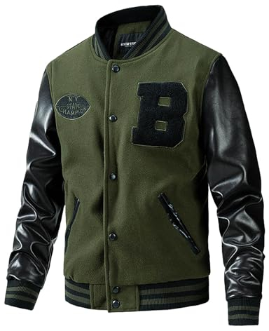 Duohropke Zweifarbig Bomberjacke Herren Winter College Jacke Herren Football Oldschool Lederärmel Kunstleder Warm