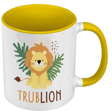 Mug de Couleur Qualité Premium Jaune - Lion Trublion Dessin Illustration Roi de la Savane - Tasse avec anse et intérieur de couleur