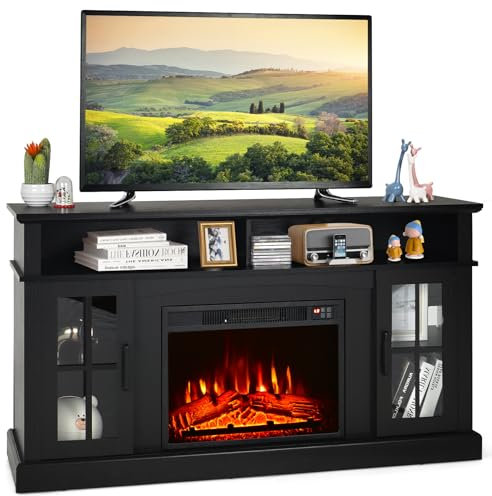 COSTWAY Electric Fireplace Insert TV Stand, Entertainment Center Console Table with 3-level Flame Overheat Protection Fireplace Heater & Remote Control (Black, 23” Fireplace,148x40x82cm for 65” TV)