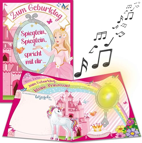 bentino XL Musikkarte Prinzessin, mit Lichteffekt im Spiegel, Geburtstagskarte mit Sound, Überraschung zum Kindergeburtstag für Mädchen, DIN A4 Set mit Umschlag,