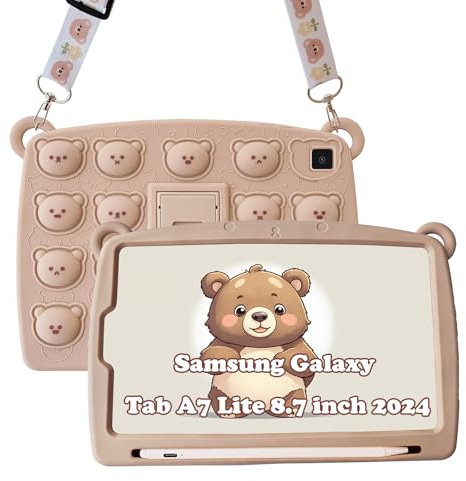 A-BEAUTY Funda Compatible con Samsung Galaxy Tab A7 Lite de 8.7 Pulgadas 2021 (SM-T225/T220/T227) con Soporte para Bolígrafo, Soporte, Correa para el Hombro, Oso marrón