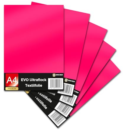 Evo Ultraflock Textilfolie für Plotter 33 Farben Flockfolie im Din A4 Format 30x20cm Plotterfolie für Stoff Kleidung T-Shirt Flock Folie Zubehör (5er Set, 037 Neon Pink)