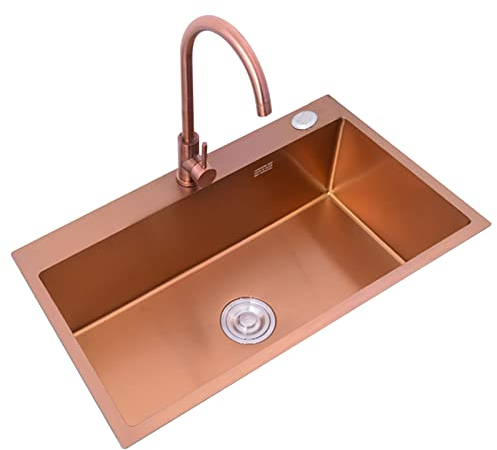 Fregadero de un solo tazón de acero inoxidable Fregadero de encimera grande con grifo de codo Fregadero de oro rosa Fregadero de cocina hecho a mano de 21 cm de profundidad Fregadero de ángu