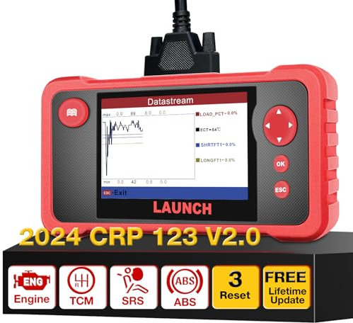 LAUNCH obd2 Diagnosegerät CRP123 V2.0 Fehlercode-Scanner,professioneller Kfz-Codeleser 4-Systemdiagnosen(Motor SRS at ABS) mit 3 Reset (Zurücksetzen des Lenkwinkels,Drosselklappenanpassung,Öl-Reset)
