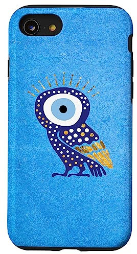 Hülle für iPhone SE (2020) / 7 / 8 Evil Eye Eule auf blauem Handy