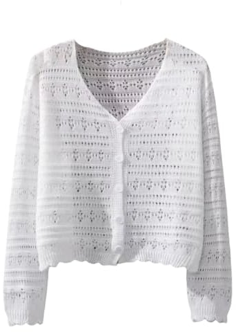 CuLtP Bolero Damen Festlich Damen Häkel Boleros Mit Hohlsaum V Ausschnitt Strickjacke Mit Knopfleiste Oberteile Sommer Kurz Eisseide Langärmelige Strickjacke Leichte Abendjacke Überwurf Mantel Wei