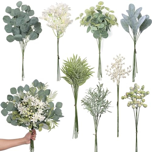 75 Stück Künstliche Blumen und Zweige, 8 Arten Gefälschte Pflanze drinnenDecor,brautstrauß,Eukalyptus Dekozweige,Wie Echt Eukalyptus ,für Küche Garten, Balkon, Schlafzimmer, Bankett, Hochzeit (Grün)