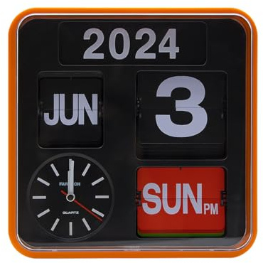 Itigoitie Retro Modern 9.45 Inches Calendar Day Date Flip Desk Wall Clock (Orange Frame)(No Battery Included)