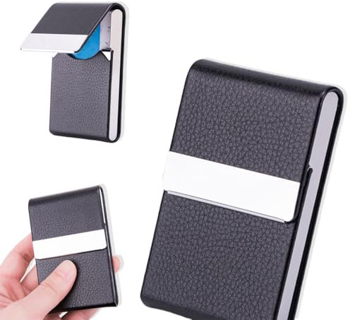 WHYCNJL 1 Pièce Porte-Cartes de Visite en Acier Inoxydable et en Cuir Synthétique pour H0omme et Femme avec Fermeture Magnétique, Noir