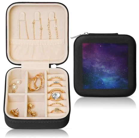 Universum mit Sternen und Galaxie, interstellar, tragbar, quadratisch, Leder-Schmuckschatulle – Aufbewahrung für Ringe, Ohrringe, Halsketten und Armbänder mit Reißverschlussetui