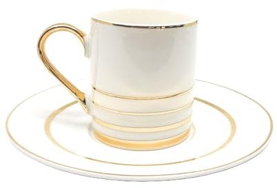 Prestige Kitchen Luxury Bone China Espresso Turkish Coffee Set of 6 Cups + Saucers (Gold Stripes)