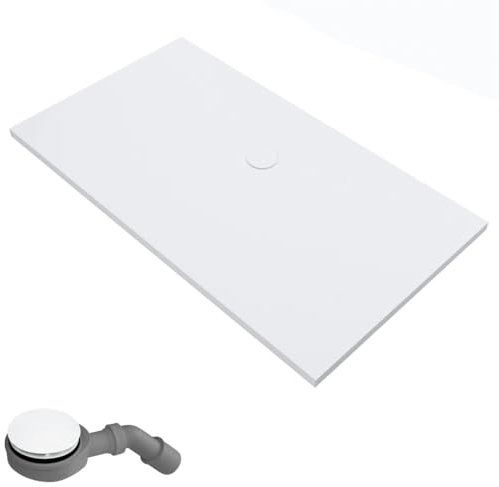 ECOLAM® Duschwanne 140x100 x 4 cm SKY | Design niedriege Duschtasse Rechteck | flache Brausewanne flach | Farbe: Weiß + Siphon