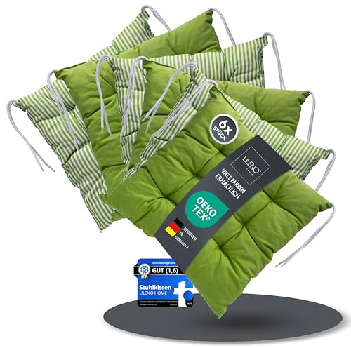 LILENO HOME 6er Set Wende Stuhlkissen Grün (40x40x6 cm) - Streifen Sitzkissen für Gartenstuhl, Küche oder Esszimmerstuhl - Indoor u. Outdoor Stuhlauflage als Stuhl Kissen (Linda FUM)
