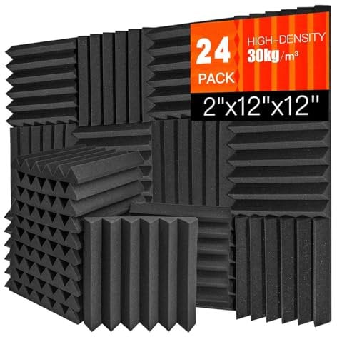 Saiqiang 24 Pack Acoustic Panels Self Adhesive, Acoustic Foam Polyurethane 2 X 12 X 12 Inches Soundproof Sound Proof Foam Panles Soundproofing Wedge Panels on Walls for Home Office Studio