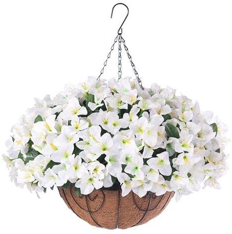 Artificial Hanging Flowers Plant with Basket for Outdoors, Fake Hanging Plants Silk Bougainvillea in Planter Look Real UV Resistant Faux Flower for Porch Patio Garden Home Decor (White-New)
