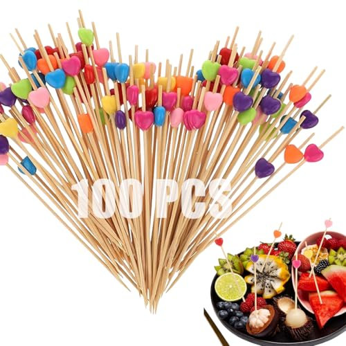 Palillos Para Aperitivos, 200 Palillos de Cóctel de Bambú,Palillos de Cóctel de Corazón de 12 cm Para Aperitivos, BQRKOTM Pinchos de Cóctel de Bambú Para Decoración de Fiestas, Carnaval