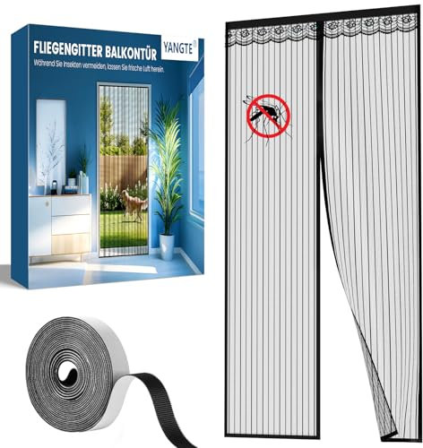 Magnet Fliegengitter Balkontür 85x200cm | Insektenschutz Tür ohne Bohren | 3.8cm Breites Klettband Fliegengittertüren, Insektenschutz Balkontür, Für Balkontür/Terrassentür, Schwarz