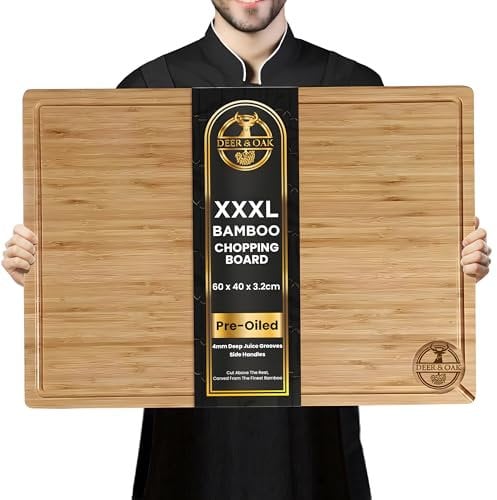Deer & Oak - XXXL Premium Bamboo Chopping Board (60 x 40 x 3.2cm), 2 Feet Wide Extra Large Solid Wooden Cutting Board, Carving Board, Cheese Board, Double-Sided, Pre-Oiled, Juice Grooves, Side Handles