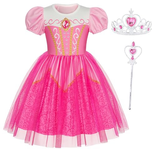 Berich Robe de princesse rose avec couronne pour filles, tenues d'Halloween, cadeaux de Noël, costumes de la journée mondiale du livre pour filles, robe de 2 à 3 ans (rose, 100)