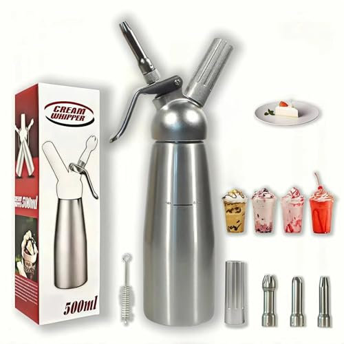 ZZTLHDS Sahnebereiter, professioneller Schlagsahne-Spender, 500 ml Aluminium-Kanister mit Edelstahl-Dekorationsdüsen und Reinigungsbürste, auslaufsicheres Design
