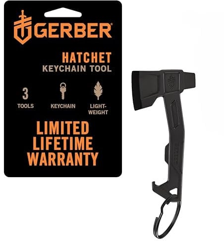 Gerber Hatchet Key Chain Tool with Open Pencil, Flat Blade Screwdriver and Bottle Opener, Length: 6.5 cm, Weight: 20 g, Stainless Steel, Black, 1074042