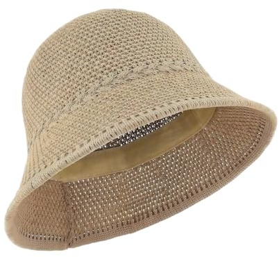 MUNSKT Damen Häkelhut, Fischerhut, Kunststroh, gewebt, verstaubar, Netzgewebe, weich, leicht, Sommer, Strandhut für Reisen, Urlaub, Outdoor, camel, Einheitsgröße