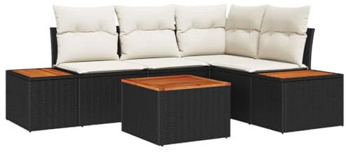 vidaXL 5-teiliges Garten-Sofa-Set mit Kissen Schwarz aus Poly Rattan & Akazie | Modulare Outdoor-Sitzmöbel zum Entspannen inklusive Beistelltisch und Stauraum in Creme für Garten und Balkon