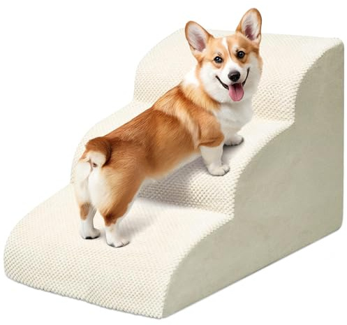 Niubya Escalier pour Chien et Chat, H40 cm, avec Housse Lavable et Mousse à Haute densité, pour lit, Salon et canapé, Échelle Large Animaux âgés et blessés (Beige, 3 marches)