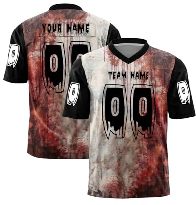 Custom Halloween American Football Trikot für Männer Frauen Jugend Personalisiert Blutiger Handabdruck & Skelett Design Fußball Shirt mit Name Nummer Horror Kurzarm Kostüm für Party, B, L