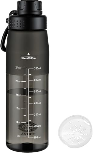 GOPPUS 1L/32oz Clear Tritan Water Bottle with Screw Lid, Drinks Bottle with Wide Mouth, Fruit Infuser, Leakproof, BPA Free, Carry Handle, Measurement Markings, Dust Cap (Black)