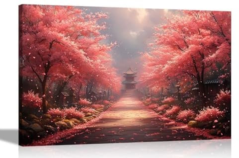 Artley Prints - Footpath to Japanese Temple Pink Blossom Trees Canvas Wall Art Prints For Office Home Hallway Landscape Pictures Extra Large 101 x 76cm (40 x 30 inches)