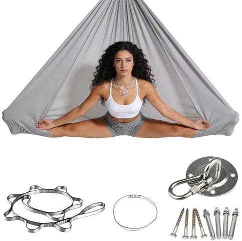 Aerial Yoga Hängematte Set, Aerial Yoga Swing Air Fliegen, (Grau,150x280CM) | Schaukel Indoor, Schaukeltuch, Schaukel Hammock Swing, 200 KG Belastbarkeit, mit Verlängerungsgurt, Karabiner, Zubehör