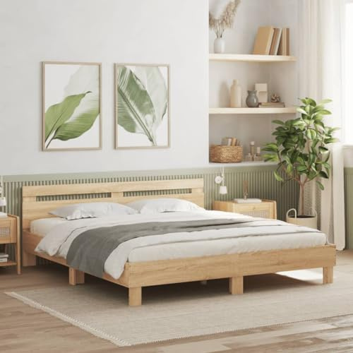 GeenYuu Bettgestell mit Kopfteil Sonoma-Eiche 200x200 cm, Holzwerkstoff, Robustes Bett für Schlafzimmer, modernes Design, stabil