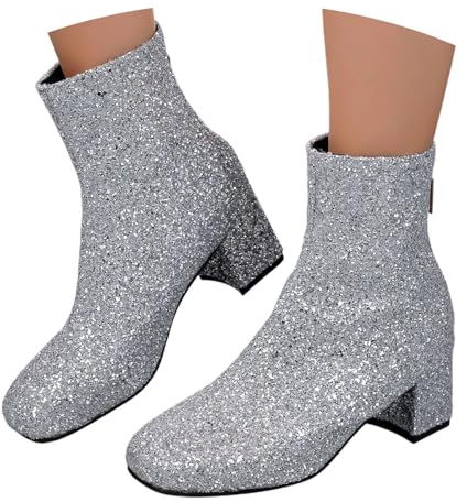 Britische Damen Stiefeletten mit Pailletten Glitzer Absatz Blockabsatz Reißverschluss Kurzstiefel Winterfest Elegant Bequem Festliche Karneval Halloween Bierfest Hochzeiten und Partys