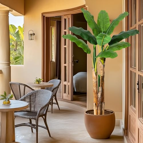 Künstliche Bananenpflanze 150cm, Mit 11 Blättern & Stamm Aus Naturholz Im Grauen Pflanzkübel, Bananenbaum Kunstpflanze Groß Wie Echt Für Wohnzimmer Büro Garten Badezimmer Deko