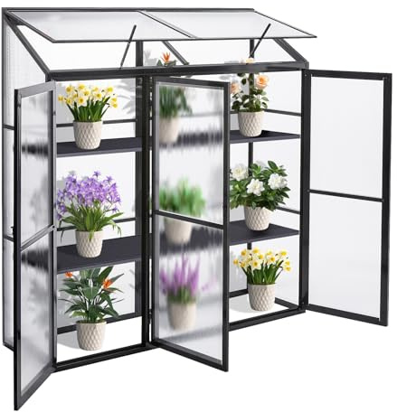 Serre à tomates compacte en aluminium avec 3 portes - 190 x 55 x 180 cm - Noir - Abri de jardin pour légumes et plantes